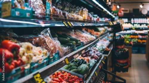 Grocery store aisle with fresh fruits and vegetables on display