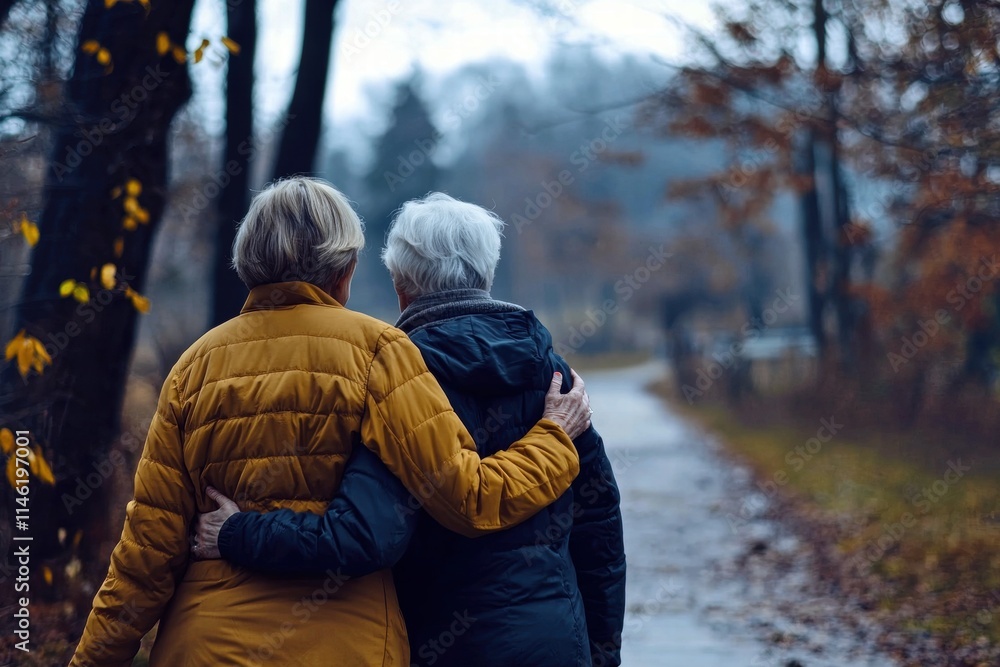 Two elderly women enjoying a walk together in a serene, autumn setting. Two elderly women enjoying a walk together in a serene, autumn setting.