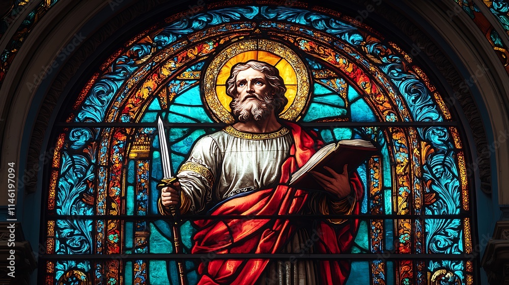 Obraz premium Saint Paul in a vibrant stained-glass depiction, preaching boldly with a sword and book in hand, radiant red and blue tones creating a dramatic ambiance,