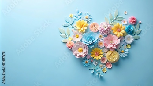 Pastel Paper Flowers Arranged in Heart Shape on Blue Background
