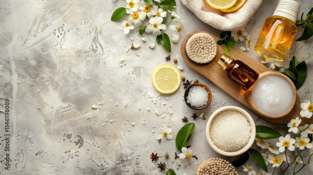 Natural skincare products with herbs and citrus on a textured surface Natural skincare products with herbs and citrus on a textured surface