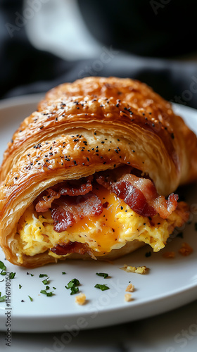 delicious halved croissant filled with scrambled eggs crispy bacon and melted cheese Served on a light grey plate garnished with parsley A perfect breakfast or brunch item photo