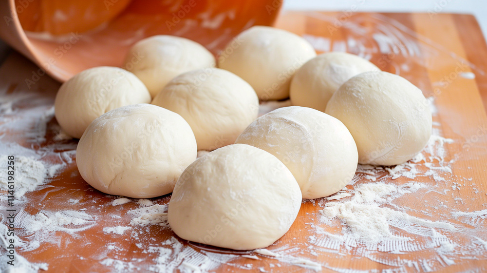 Nine Dough Balls on Wooden Board with Flour Nine Dough Balls on Wooden Board with Flour