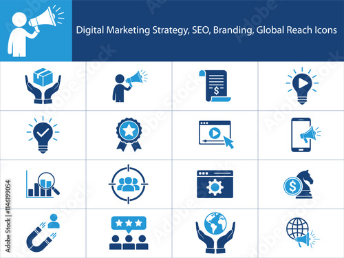 A set of Digital Marketing Strategy Icons. digital marketing elements
advertising, branding, SEO, analytics, sales, and customer engagement. flat icon vector illustration