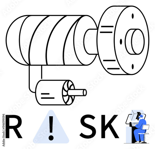 Technical machinery components overlaying bold RISK text with a warning sign and individual managing caution metrics. Ideal for safety, engineering, data analysis, inspections, risk assessment