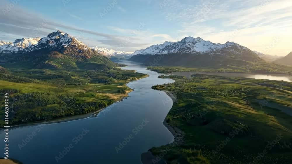 Breathtaking aerial view of mountains and river landscape at sunrise over a lush green valley Breathtaking aerial view of mountains and river landscape at sunrise over a lush green valley