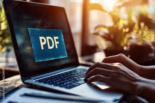 A person working on a laptop, creating a PDF document in a cozy, sunlit workspace.