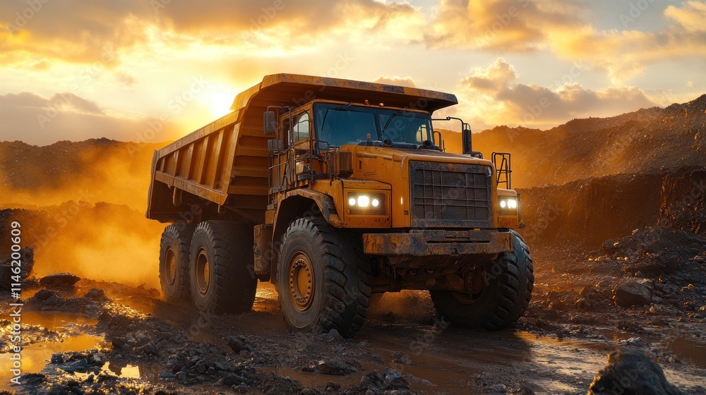 A large yellow dump truck operates in a rugged mining landscape at sunset. A large yellow dump truck operates in a rugged mining landscape at sunset.