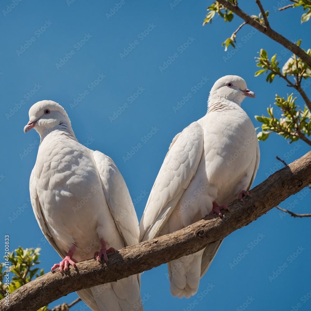 A pair of white doves perched together under a bright blue sky.