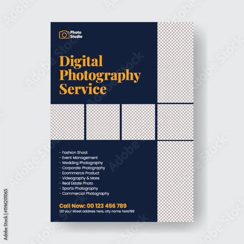 Editable print flyer or poster template for professional photography wedding event photography flyer, fashion photo shoot design, product photography workshop flyer, leaflet brochure cover design