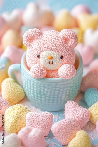 A cute pastel pink teddy bear-shaped marshmallow nestled inside a light blue textured cup, surrounded by colorful, heart-shaped marshmallows on a soft blue background