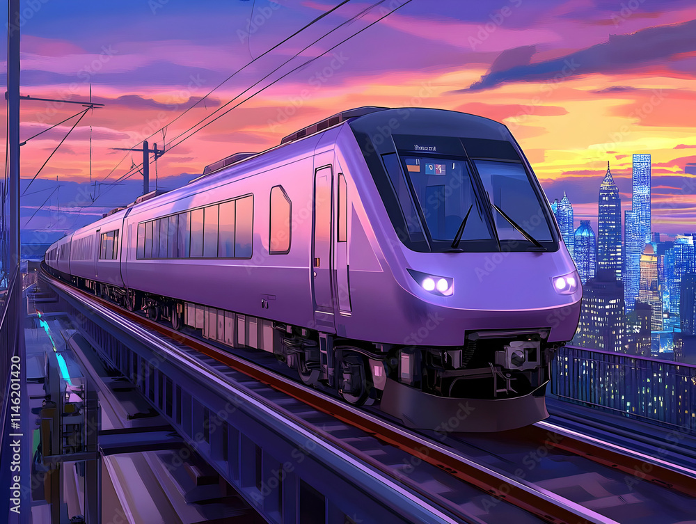 Naklejka premium Modern Train Illustration at Sunset