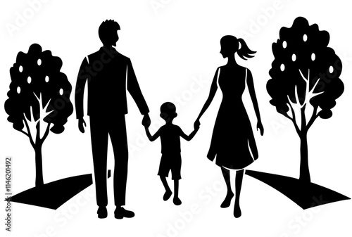 Family Holding Hands Park Silhouette.