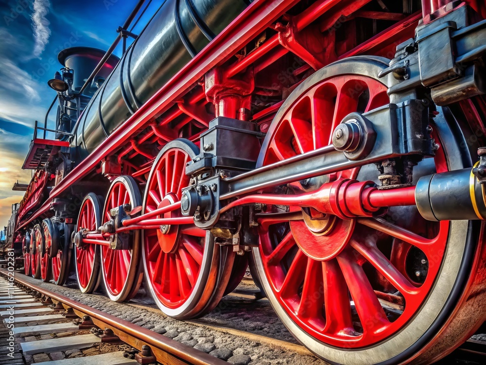 Red Black Train Engine Worm's Eye View - Locomotive Photography, Railroad Closeup Red Black Train Engine Worm's Eye View - Locomotive Photography, Railroad Closeup