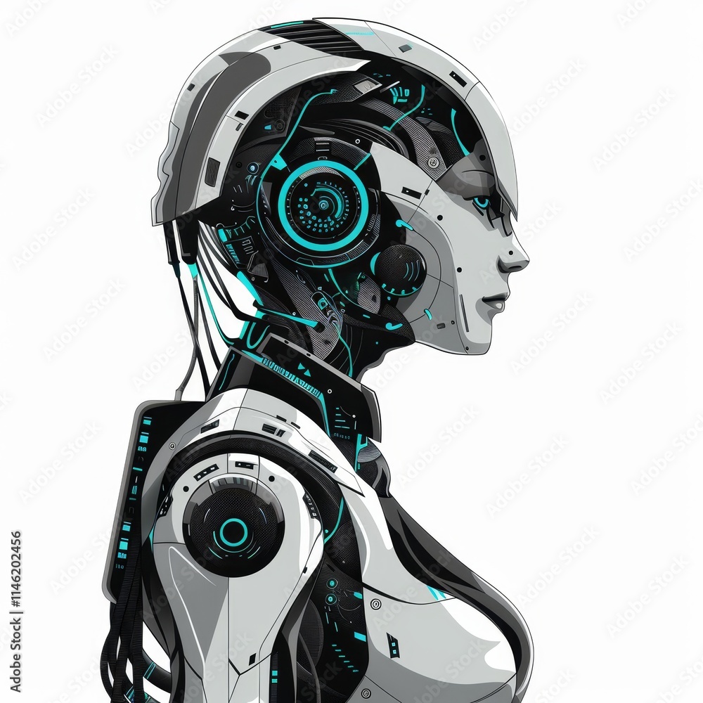 Fototapeta premium Profile of a futuristic female robot with exposed wiring, circuits, and glowing blue lights.