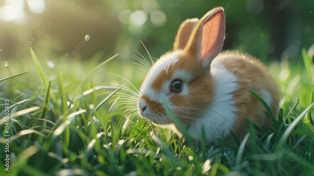Fototapeta premium A fluffy white and brown rabbit eating grass in a green field.