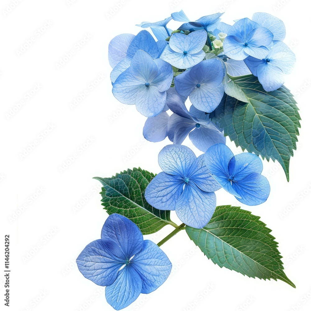 Blooming light blue hydrangea flowers with green leaves isolated on white background Blooming light blue hydrangea flowers with green leaves isolated on white background