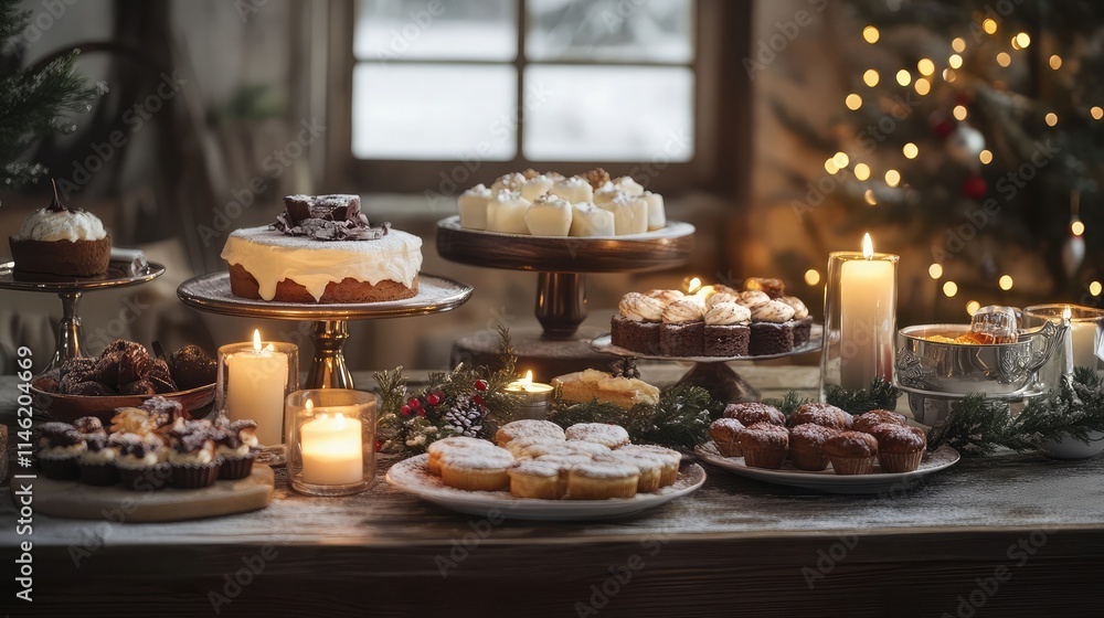 Fototapeta premium Winter holiday table decorated with glowing candles and festive treats