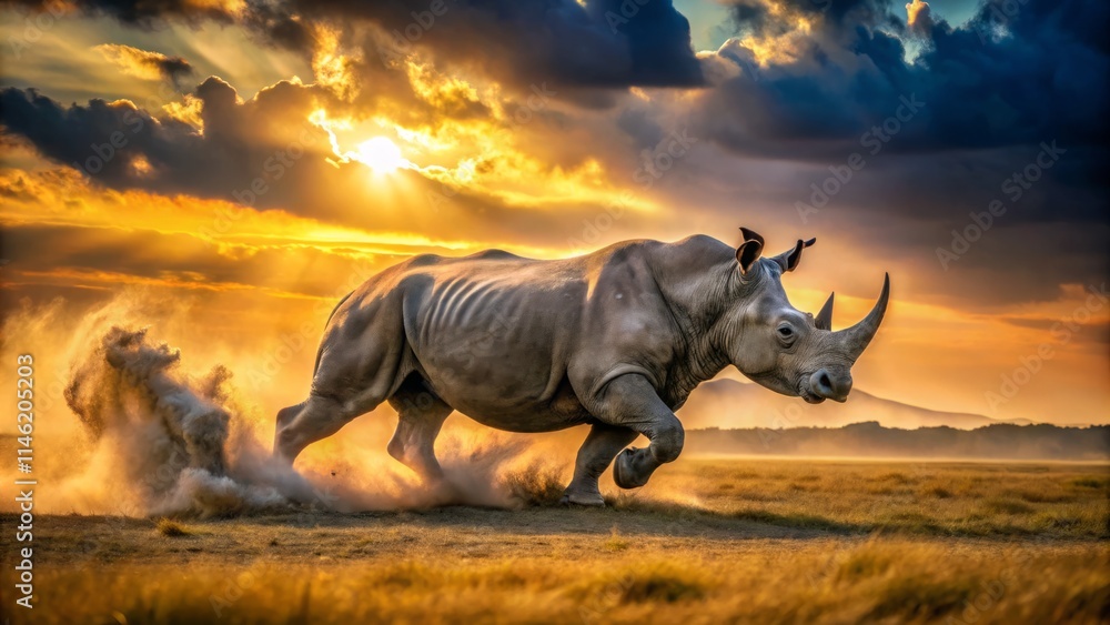 Obraz premium Rhino Charge: Action Shot of a Powerful Rhino in Full Sprint, Wild African Savanna