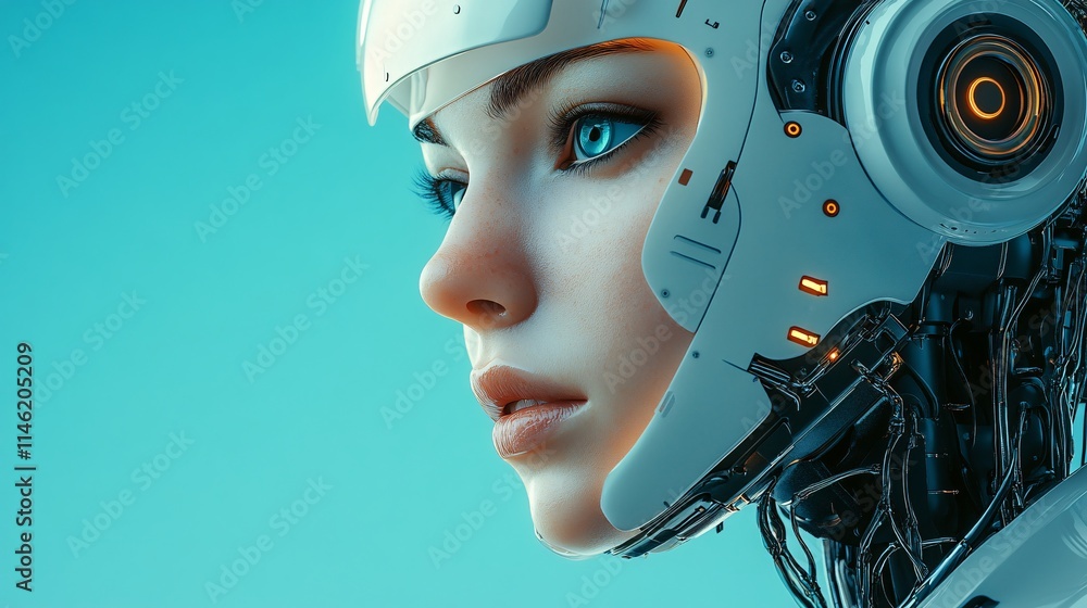 3D rendering of a female robot on blue background with copy space. Artificial intelligence concept. 3D rendering of a female robot on blue background with copy space. Artificial intelligence concept.