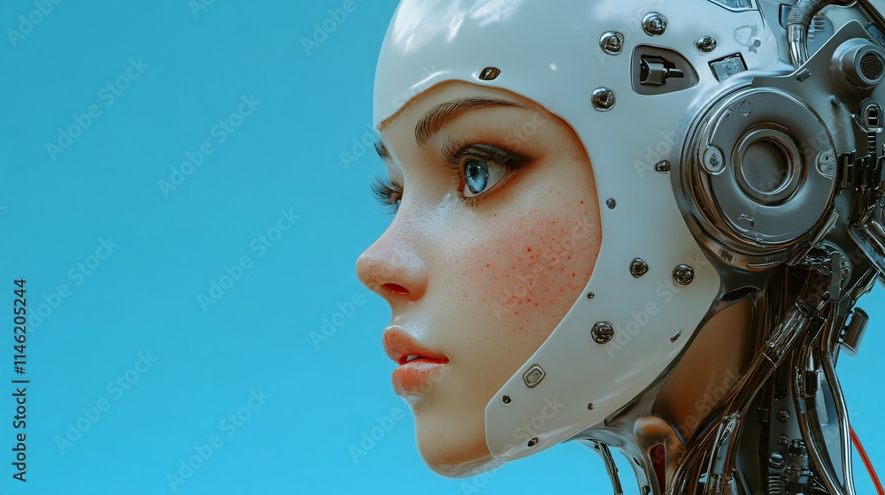 3D rendering of a female robot on blue background with copy space. Artificial intelligence concept. 3D rendering of a female robot on blue background with copy space. Artificial intelligence concept.