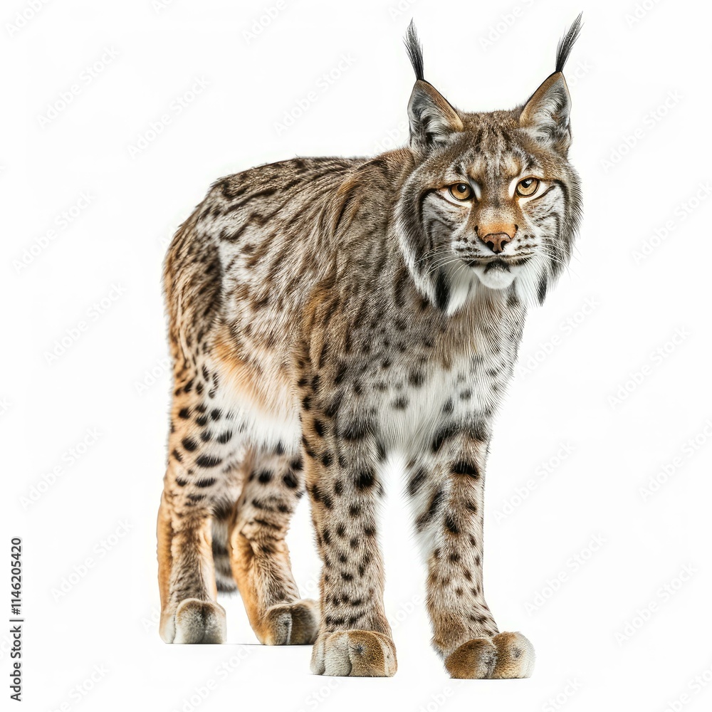 Eurasian lynx standing and looking forward on a white background Eurasian lynx standing and looking forward on a white background