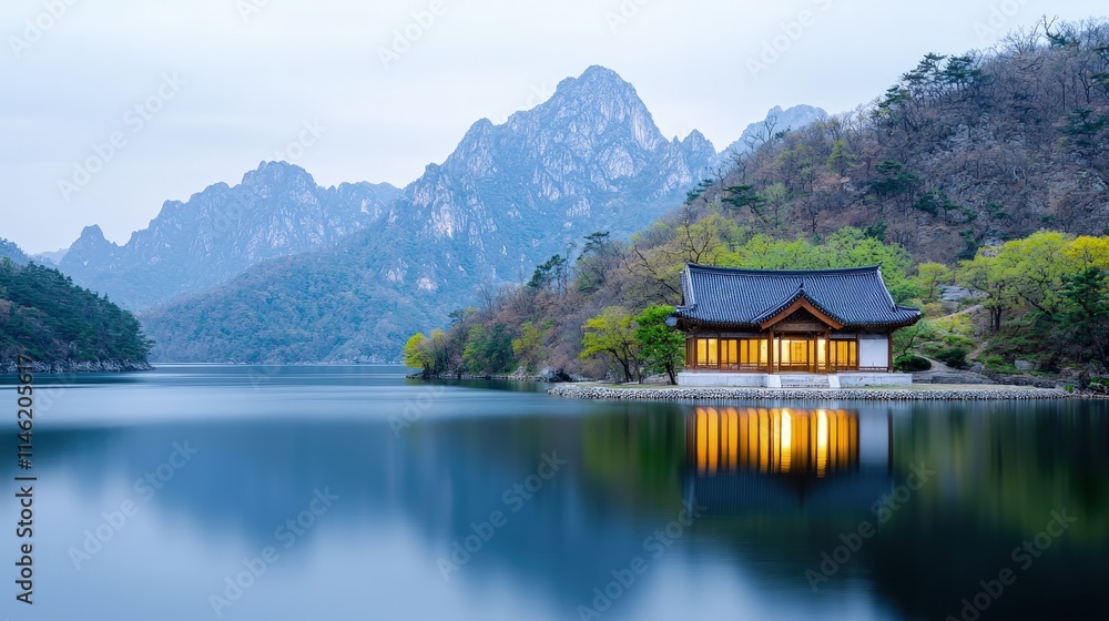 Fototapeta premium Serene lakeside pavilion at dawn, mountains reflecting in calm water.