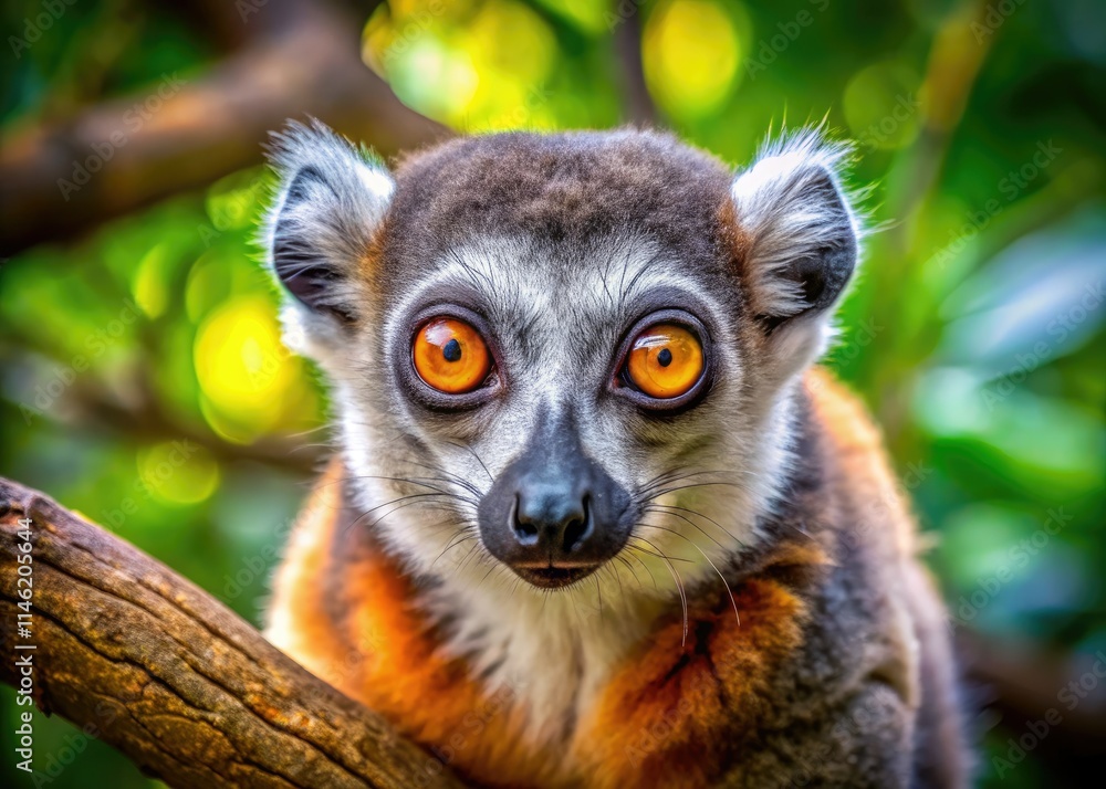 Intense close-up: a Madagascar lemur's captivating gaze, perched on a tree branch. Intense close-up: a Madagascar lemur's captivating gaze, perched on a tree branch.