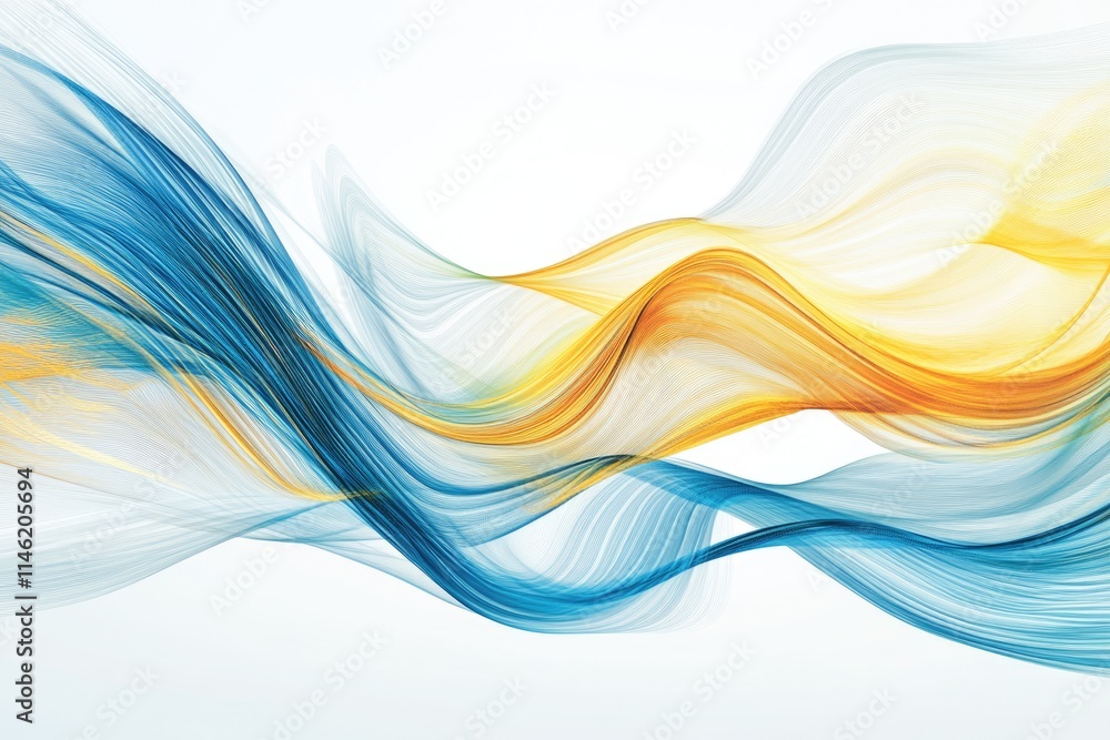 Abstract artwork featuring flowing, translucent waves in shades of blue and gold against a white background.