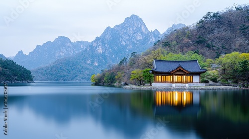 Serene lakeside pavilion at dawn, mountains reflecting in calm water.