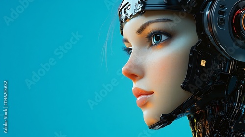 3D rendering of a female robot on blue background with copy space. Artificial intelligence concept.