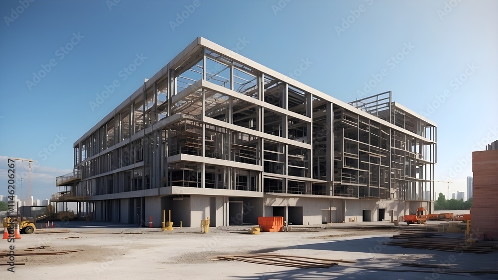Obraz premium contemporary steel and concrete building construction site. AI-based generative model.
