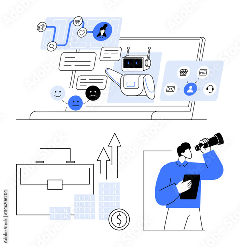 Man holding a tablet while using binoculars, laptop screen with chatbot, financial growth symbols, briefcase. Ideal for business strategies, financial analysis, AI interaction, market research