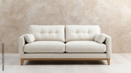 Modern off-white linen sofa with light wood legs against a beige textured wall. photo