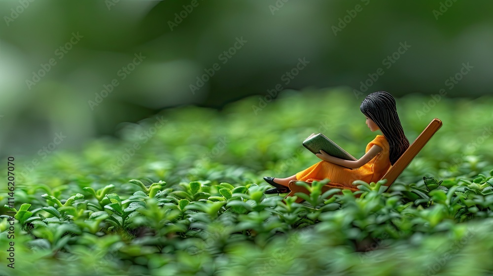 A miniature figure reading on a lush green surface, evoking tranquility and imagination. A miniature figure reading on a lush green surface, evoking tranquility and imagination.