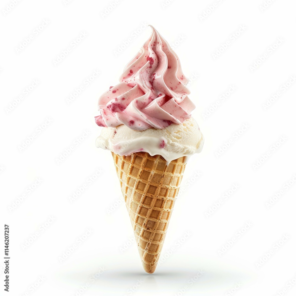 Mixed flavor ice cream melting on a crispy cone, isolated on white background, perfect for summer advertising Mixed flavor ice cream melting on a crispy cone, isolated on white background, perfect for summer advertising