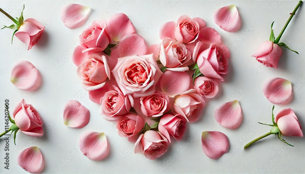 Pink Rose Petals Forming Heart Shape on White Background Pink Rose Petals Forming Heart Shape on White Background