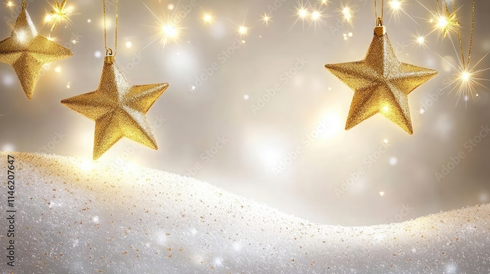 Minimalist winter banner with golden stars and glowing lights on a clean white background Minimalist winter banner with golden stars and glowing lights on a clean white background