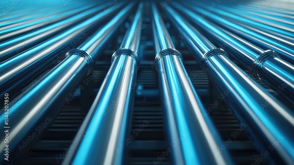 Industrial Metal Pipes Shiny Blue Steel Tubes Close up View Industrial Metal Pipes Shiny Blue Steel Tubes Close up View