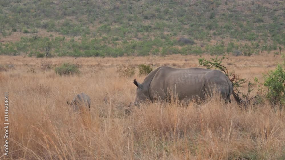 White rhino cow and calf grazing in golden grasslands of Pilanesberg National Park White rhino cow and calf grazing in golden grasslands of Pilanesberg National Park