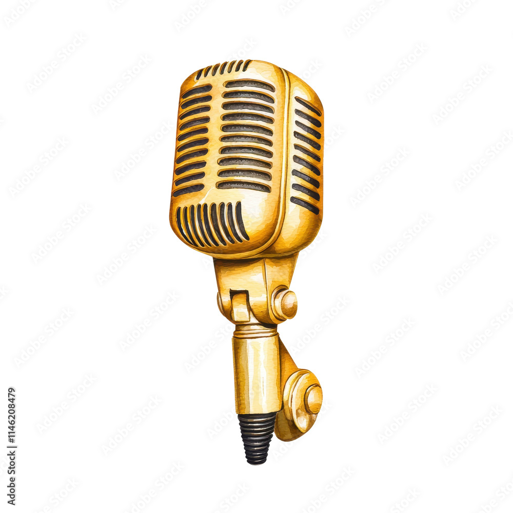 Fototapeta premium Vintage Golden Microphone Watercolor Illustration