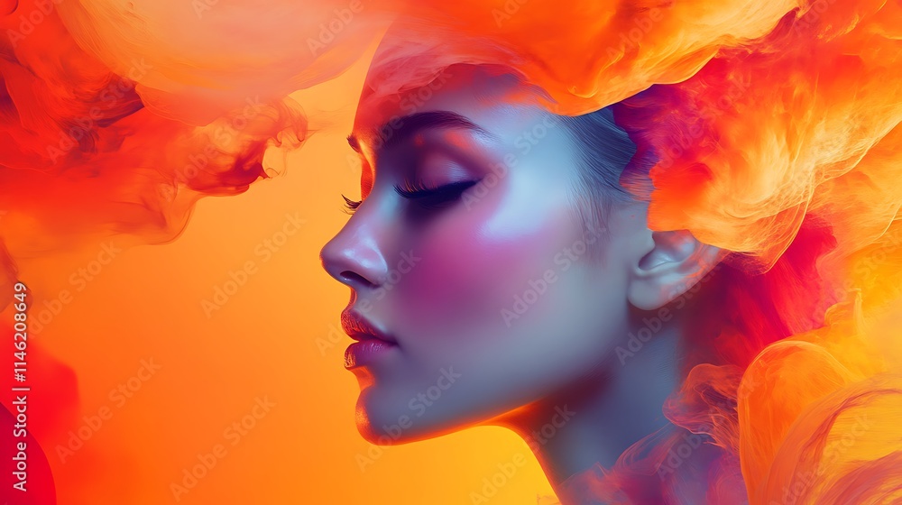Serene woman's profile enveloped in vibrant, swirling orange and red ink. Serene woman's profile enveloped in vibrant, swirling orange and red ink.