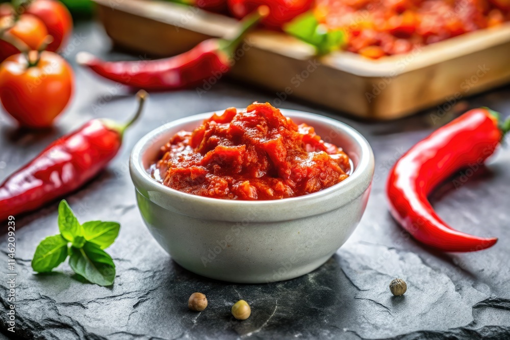 Close-up: Creamy white marble meets vibrant ajvar relish. Close-up: Creamy white marble meets vibrant ajvar relish.
