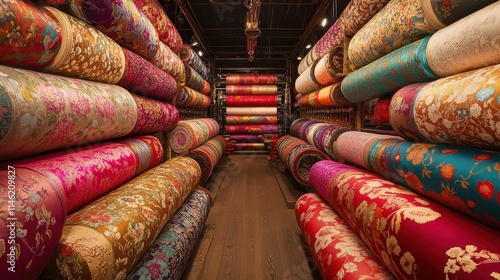 A bustling textile factory where weaving machines create intricate patterns, surrounded by vibrant rolls of fabric. Workers carefully adjust the threads, ensuring each piece meets quality standards.  photo