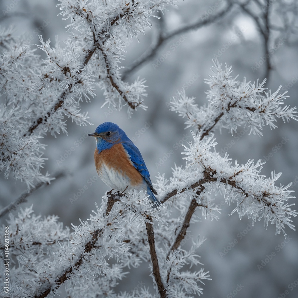 A bluebird perched on a frosted white tree limb. A bluebird perched on a frosted white tree limb.