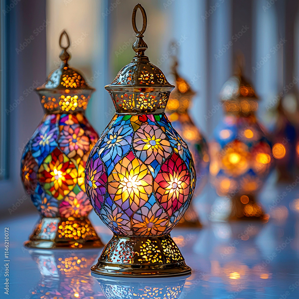 Colorful mosaic glass lanterns illuminated. Colorful mosaic glass lanterns illuminated.