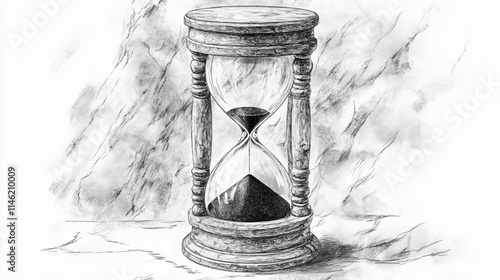 Elegant hourglass with flowing sand on a minimalist background perfect for storytelling or productivity themes in a book illustration style