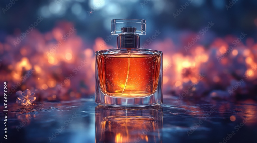 Reflective modern perfume bottle captured with soft lighting, perfect for beauty and fragrance promotions. Reflective modern perfume bottle captured with soft lighting, perfect for beauty and fragrance promotions.