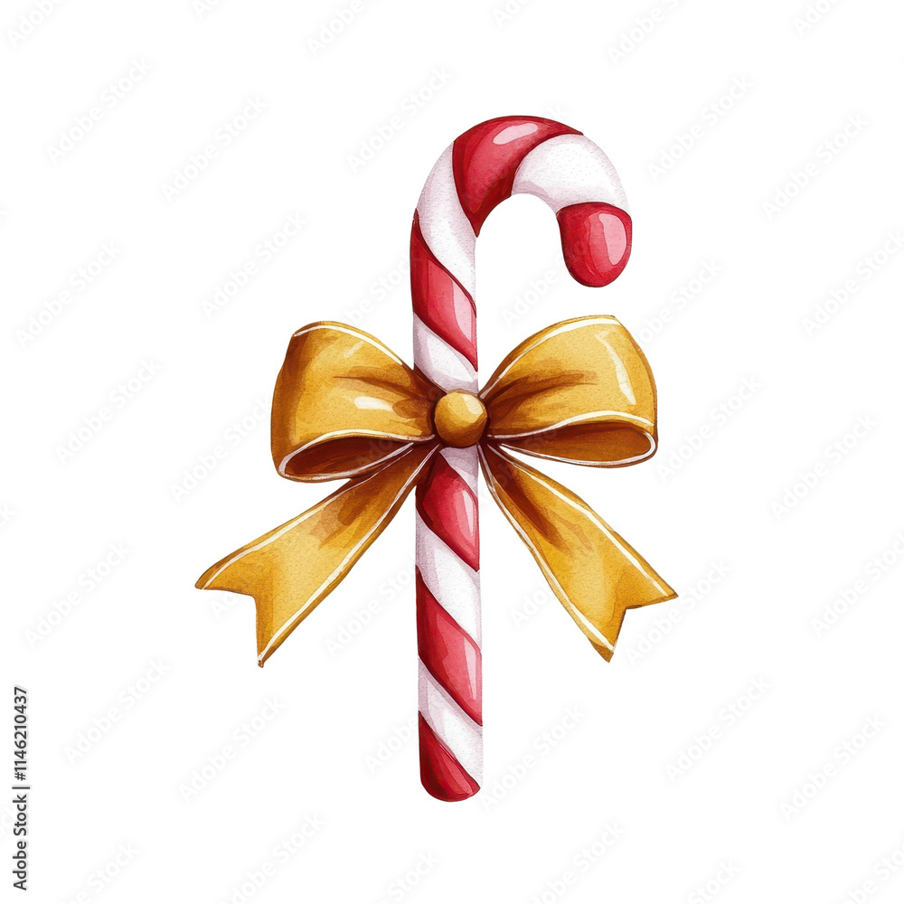 Watercolor Candy Cane Wrapped in Golden Ribbon Watercolor Candy Cane Wrapped in Golden Ribbon