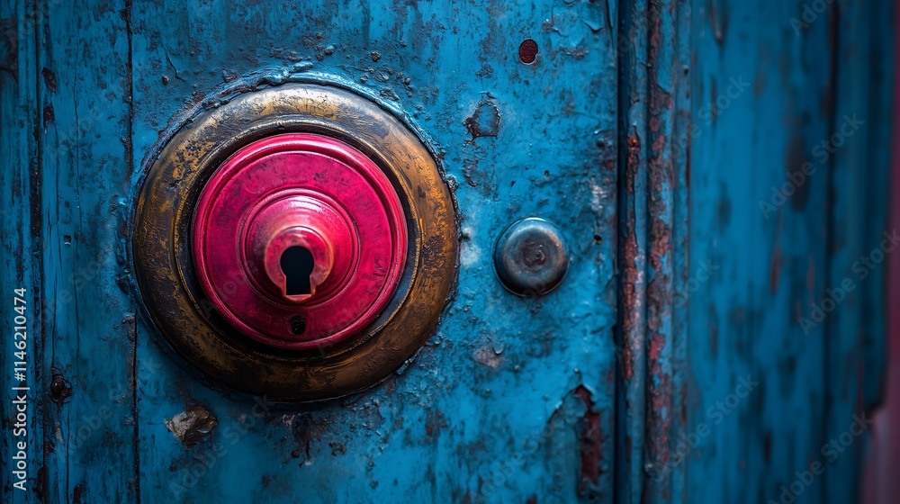 Pink Door Knob: A vibrant pink door knob, with a shiny brass trim, stands out against a weathered blue door, inviting a sense of curiosity and anticipation. Pink Door Knob: A vibrant pink door knob, with a shiny brass trim, stands out against a weathered blue door, inviting a sense of curiosity and anticipation.